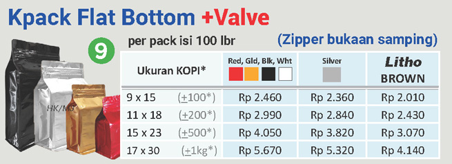 Kemasan Flat Bottom Kpack VALVE zipper samping